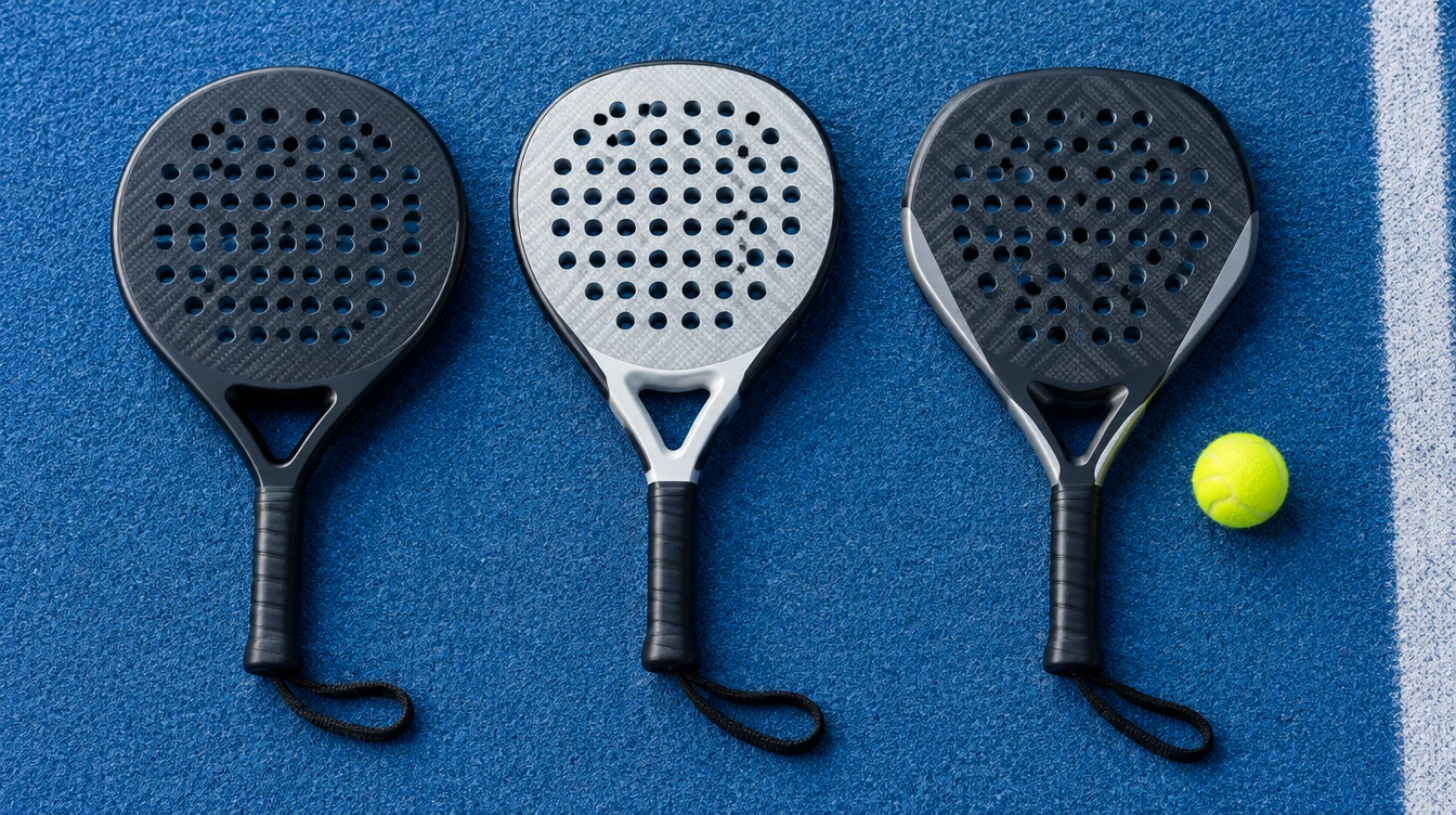 Three padel rackets laid on a blue court: a round shape, a teardrop shape and a diamond shape, next to a yellow ball